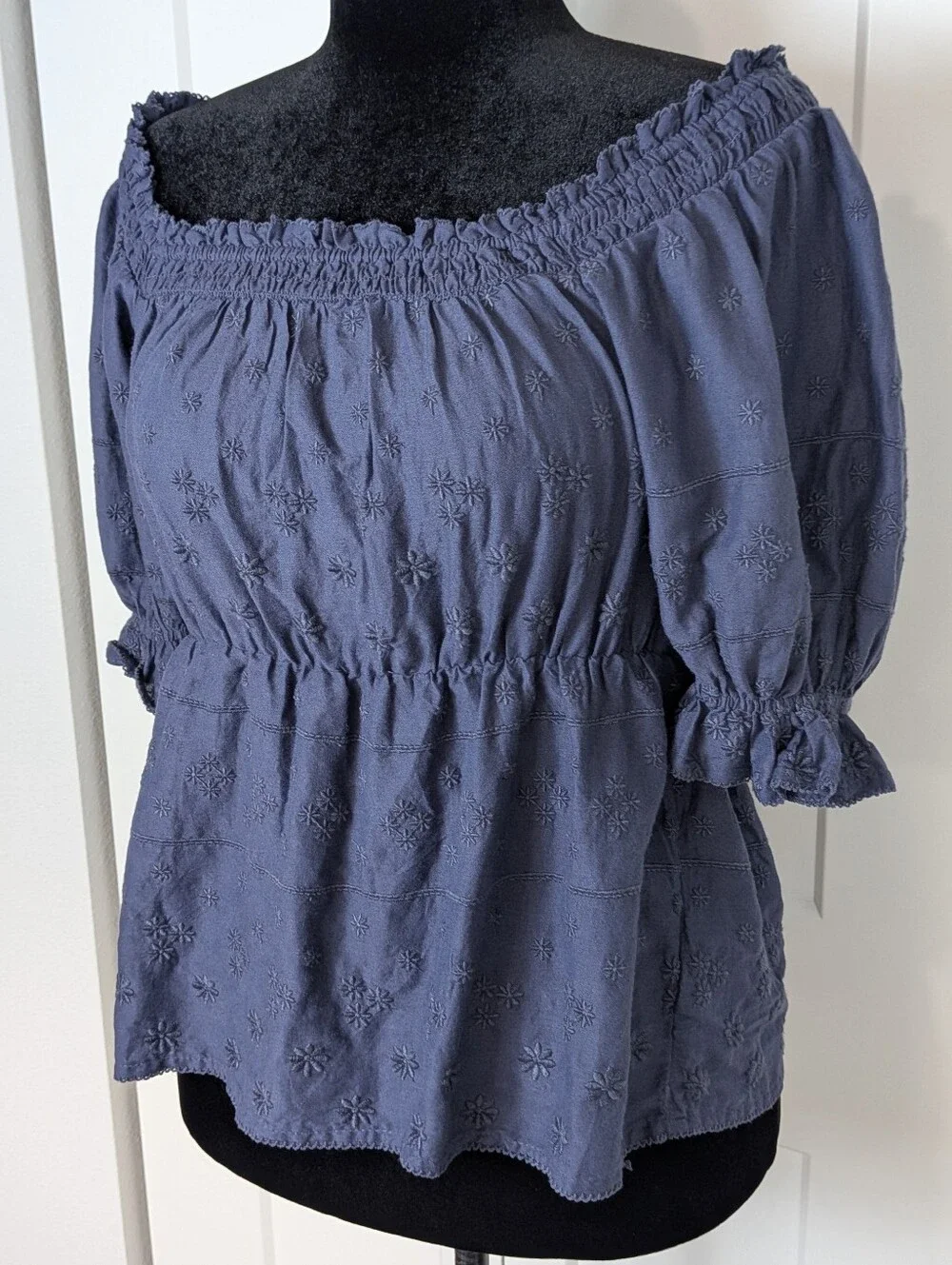 NWT Old Navy Blue Eyelet Smocked Off Shoulder Puff Sleeve Peasant Blouse Sz M